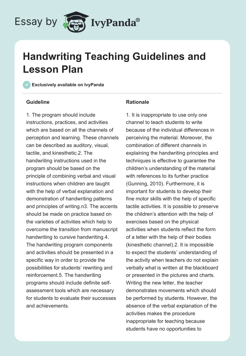 Handwriting Teaching Guidelines and Lesson Plan. Page 1