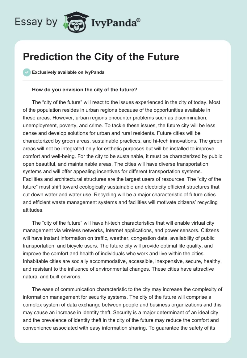Prediction: The City of the Future Essay. Page 1