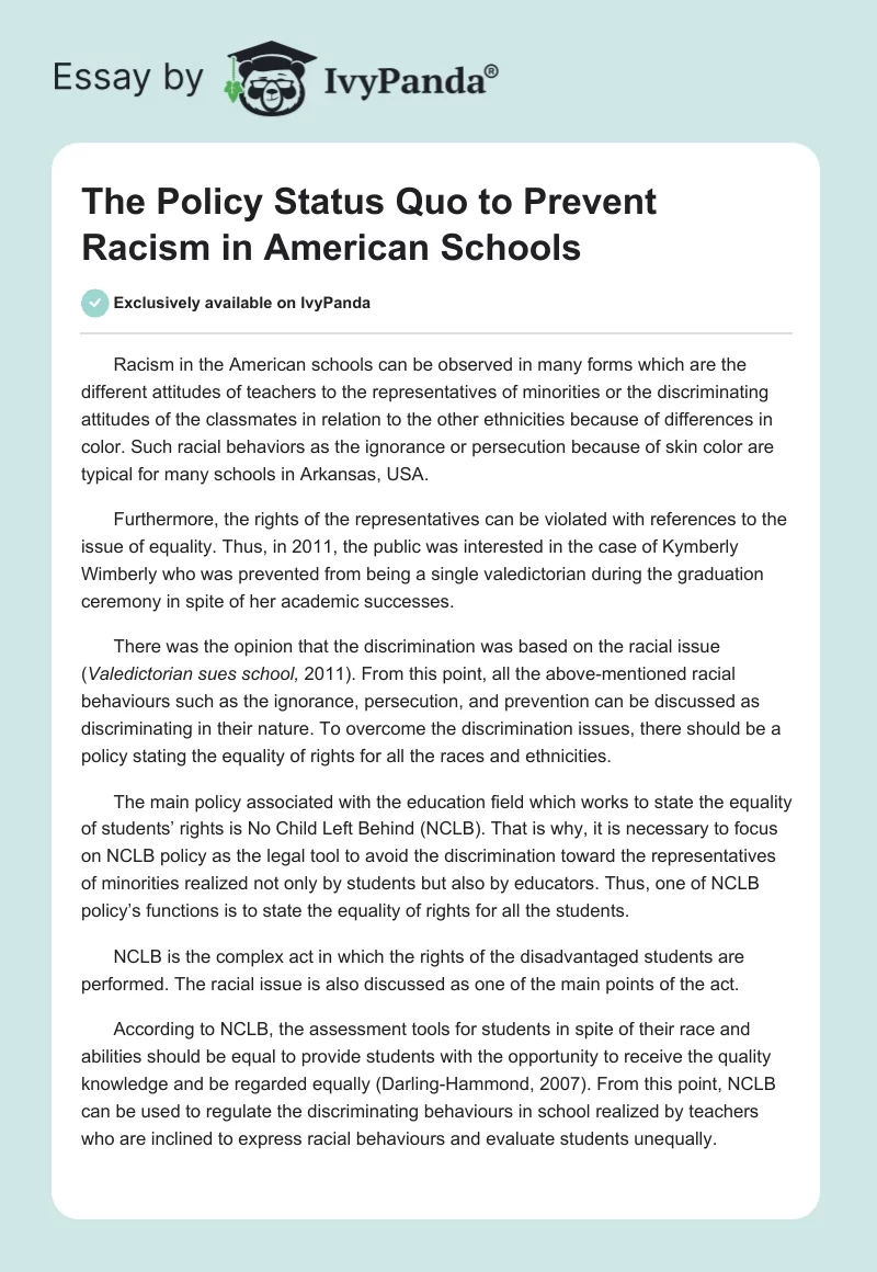 The Policy Status Quo to Prevent Racism in American Schools. Page 1