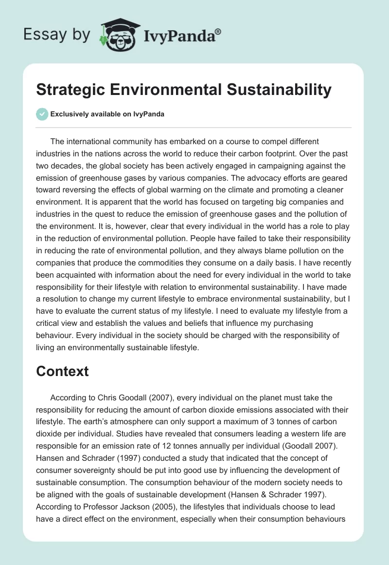 Strategic Environmental Sustainability - 2084 Words | Report Example