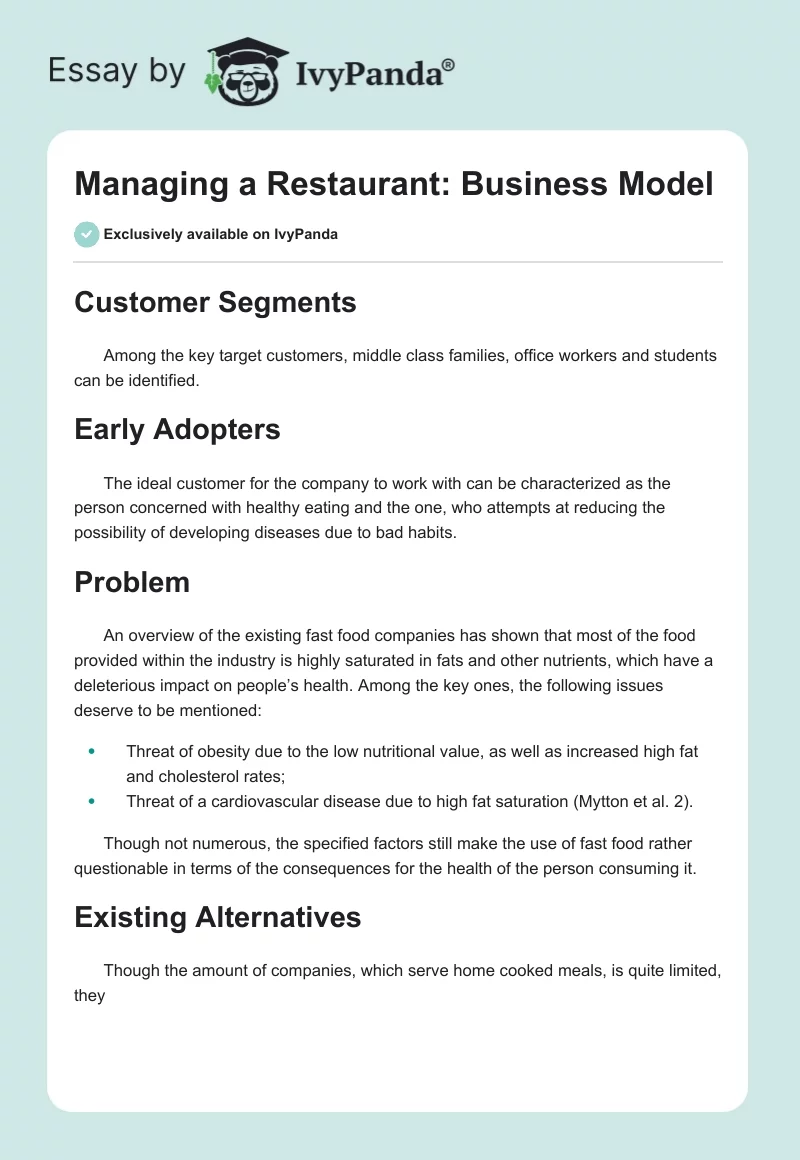 Managing a Restaurant: Business Model. Page 1