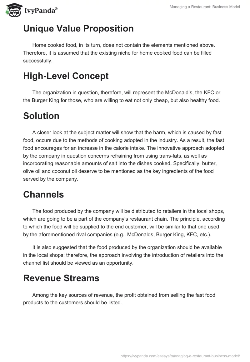 Managing a Restaurant: Business Model. Page 2