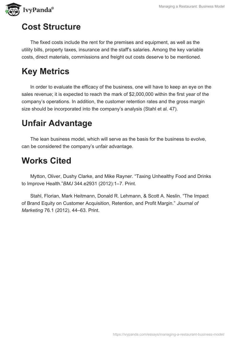 Managing a Restaurant: Business Model. Page 3