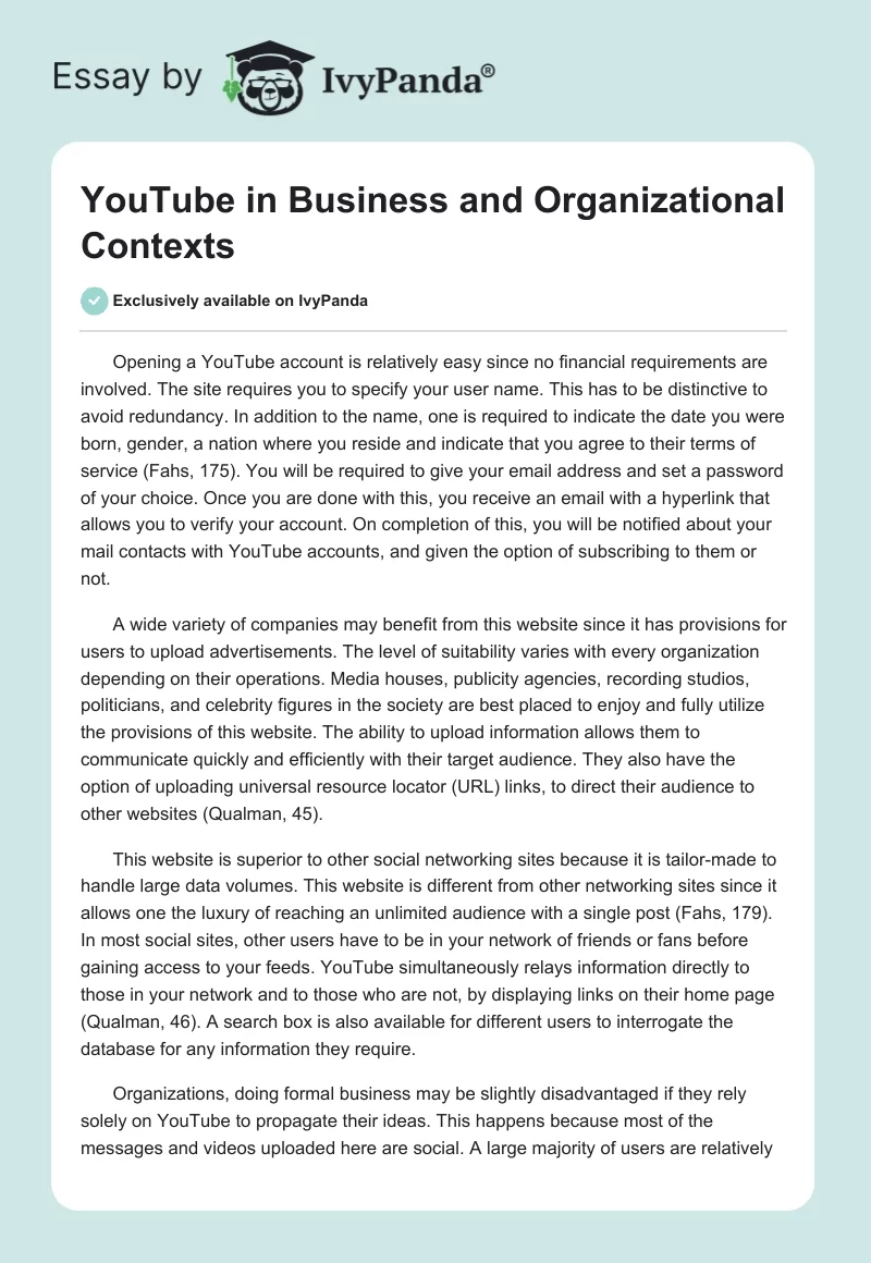 YouTube in Business and Organizational Contexts. Page 1