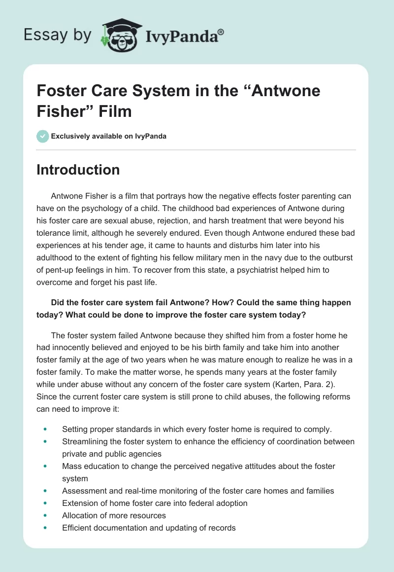 Foster Care System in the “Antwone Fisher” Film. Page 1