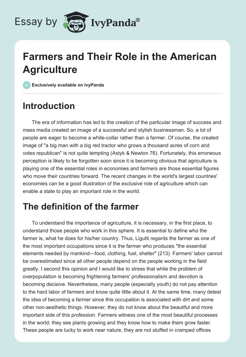 Farmers and Their Role in the American Agriculture. Page 1