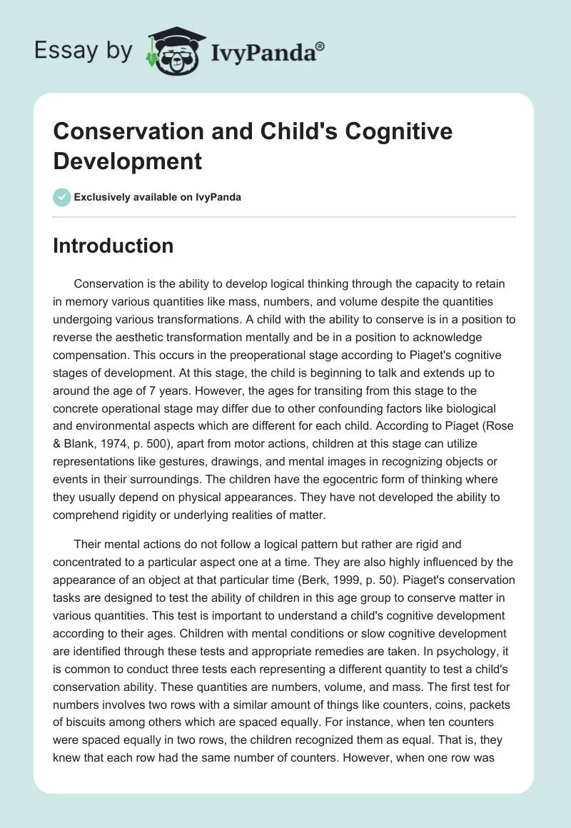 Conservation and Child's Cognitive Development. Page 1