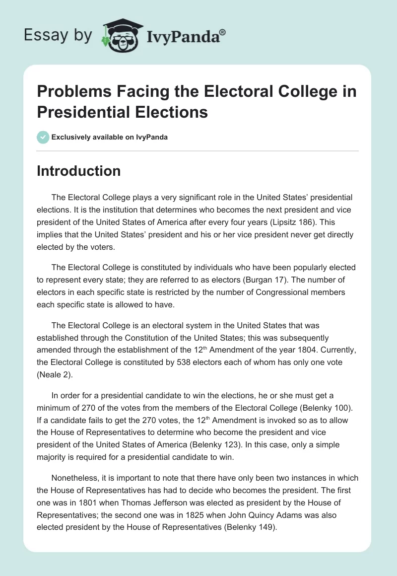 Problems Facing the Electoral College in Presidential Elections. Page 1