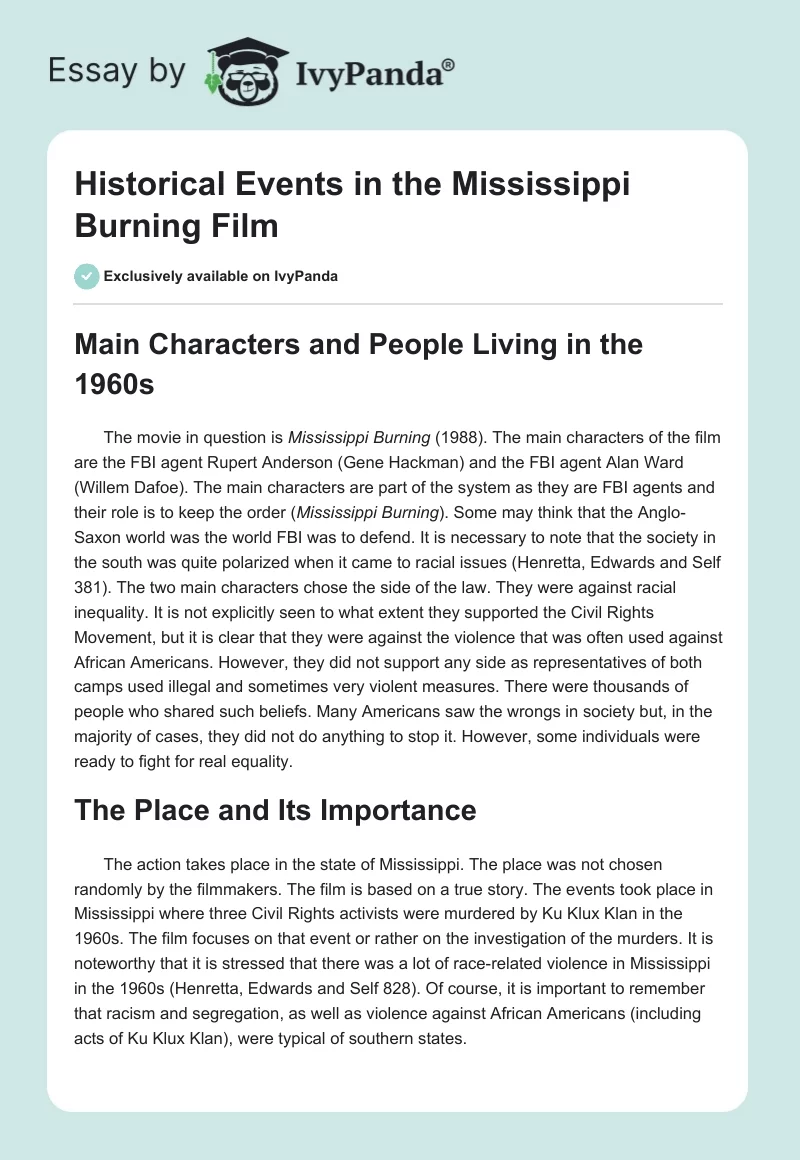 Historical Events in the "Mississippi Burning" Film. Page 1
