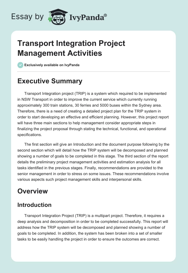 Transport Integration Project Management Activities. Page 1
