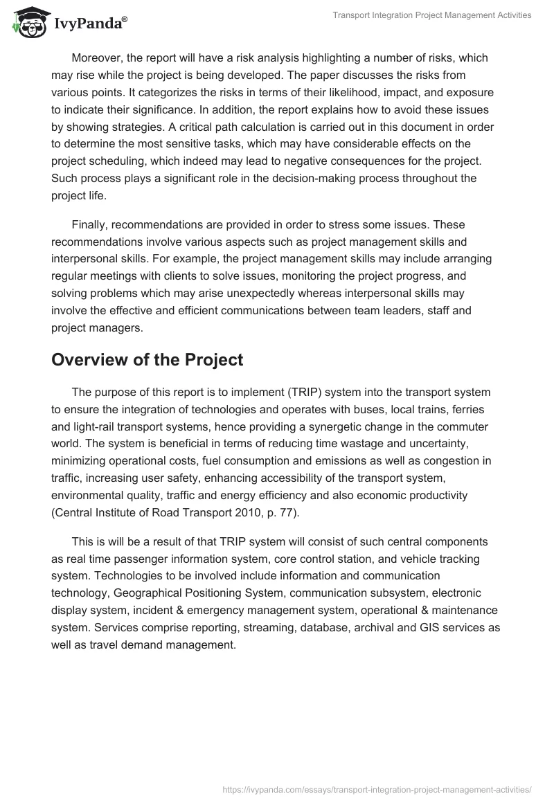 Transport Integration Project Management Activities. Page 2