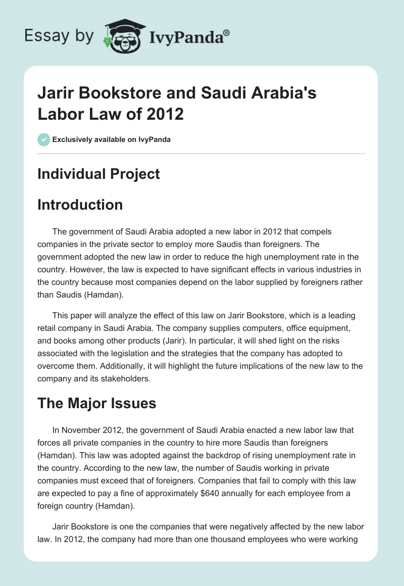 Jarir Bookstore and Saudi Arabia's Labor Law of 2012. Page 1