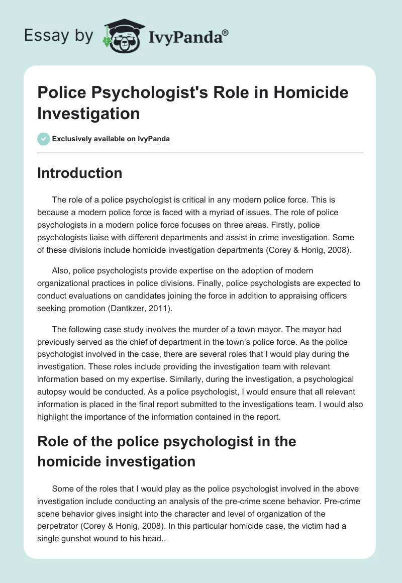 Police Psychologist's Role in Homicide Investigation. Page 1