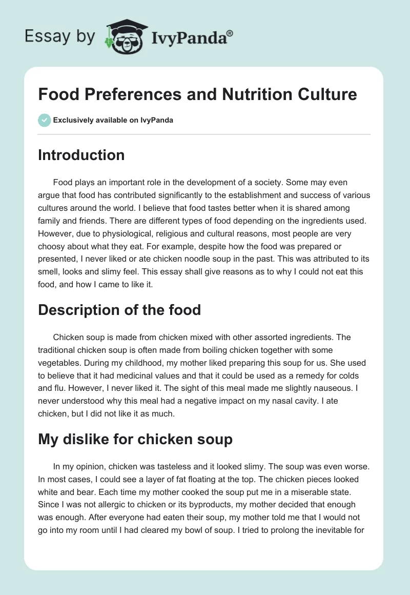Food Preferences and Nutrition Culture - 1397 Words | Essay Example