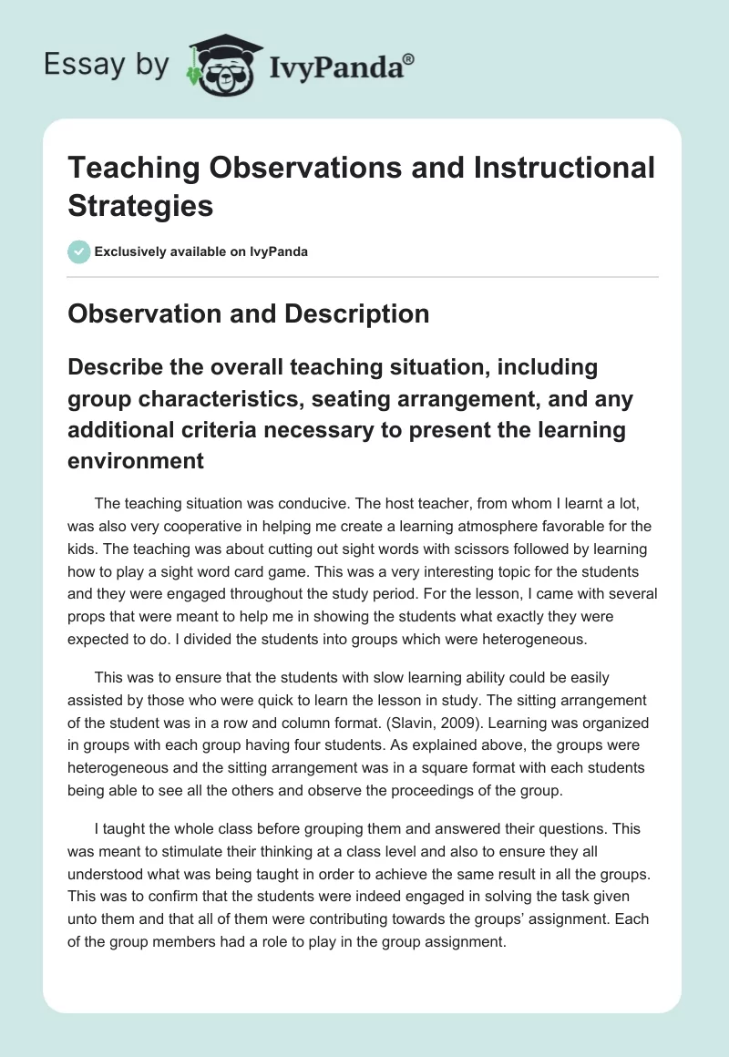 Teaching Observations and Instructional Strategies. Page 1