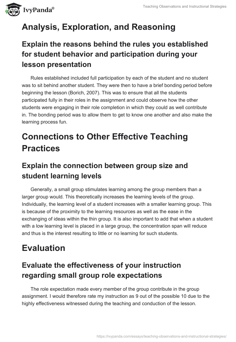 Teaching Observations and Instructional Strategies. Page 2