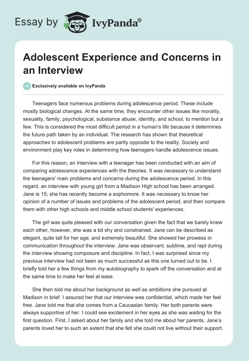 Adolescent Experience and Concerns in an Interview. Page 1