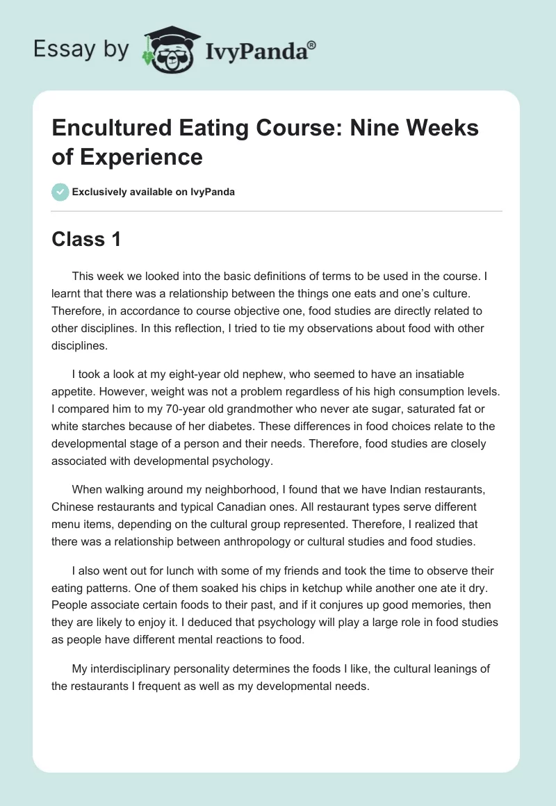 Encultured Eating Course: Nine Weeks of Experience. Page 1