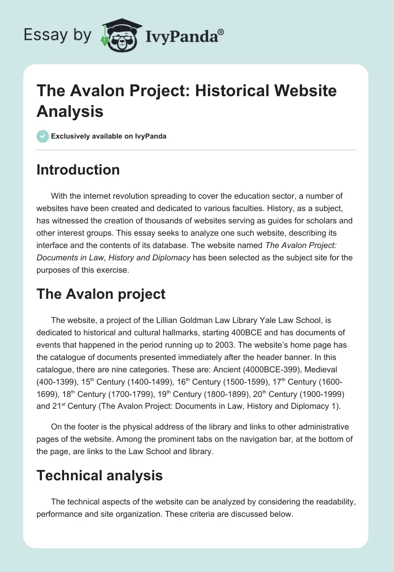 The Avalon Project: Historical Website Analysis. Page 1