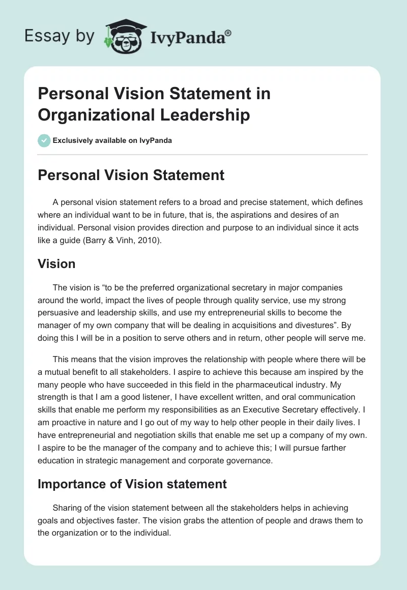 Personal Vision Statement in Organizational Leadership. Page 1
