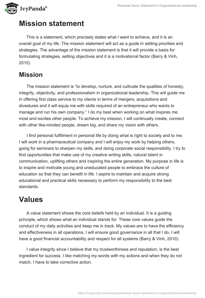 Personal Vision Statement in Organizational Leadership. Page 2