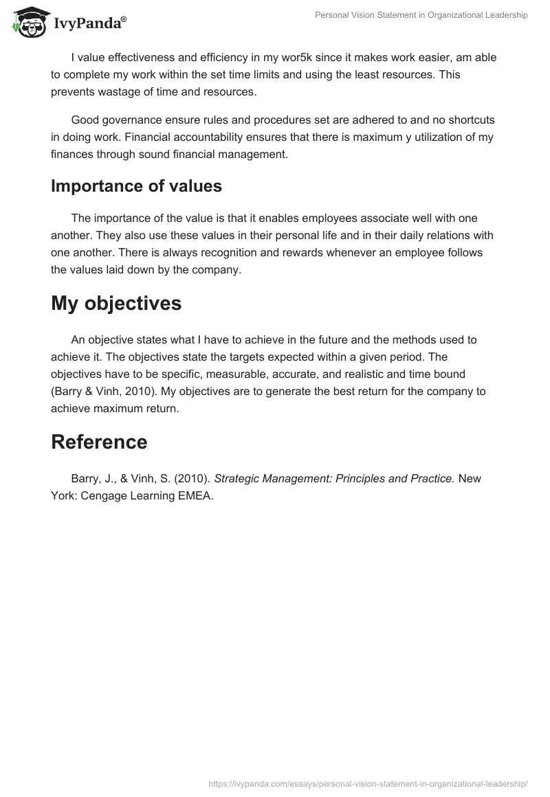 Personal Vision Statement in Organizational Leadership. Page 3