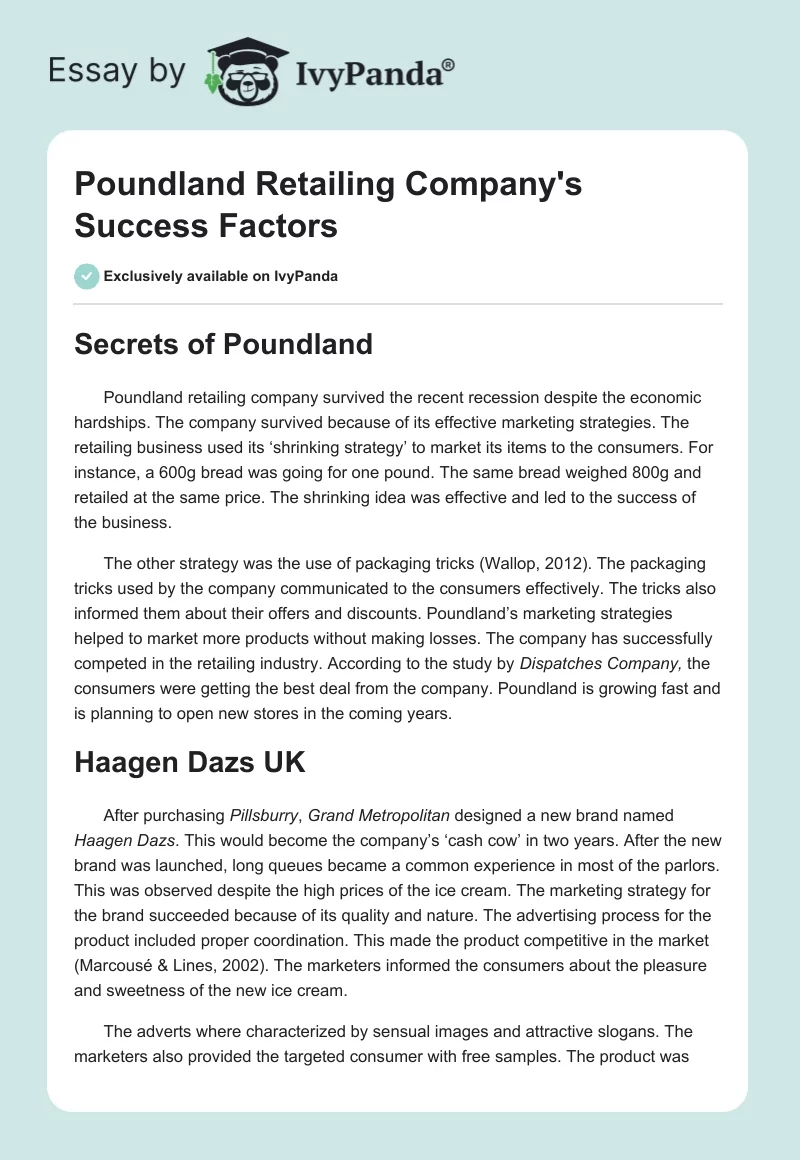 Poundland Retailing Company's Success Factors - 850 Words | Essay Example