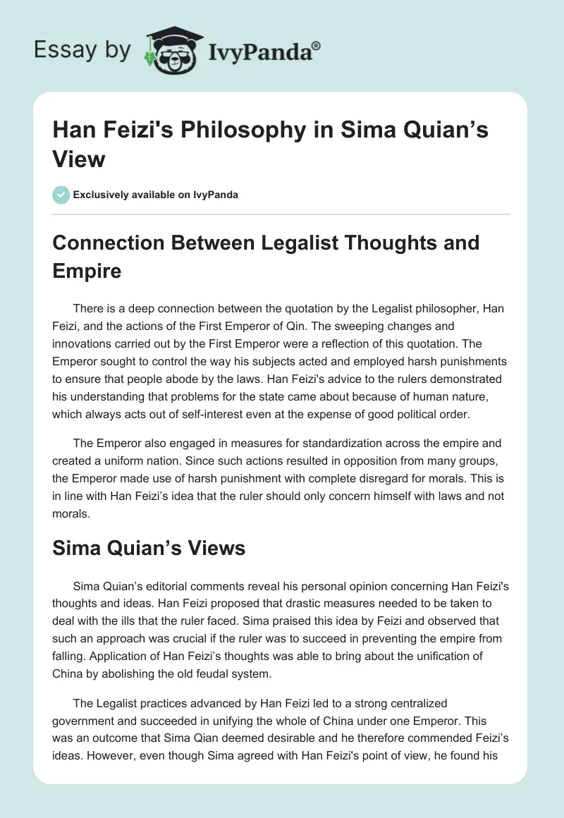 Han Feizi's Philosophy in Sima Quian’s View. Page 1