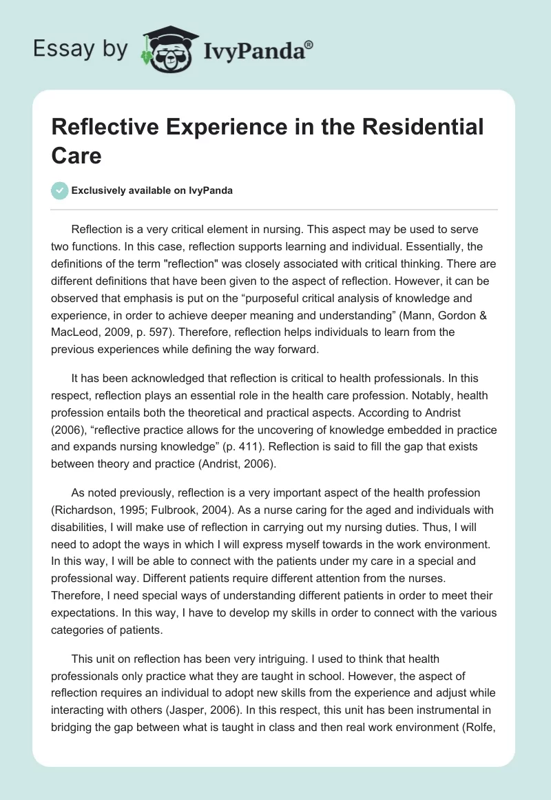 Reflective Experience in the Residential Care. Page 1
