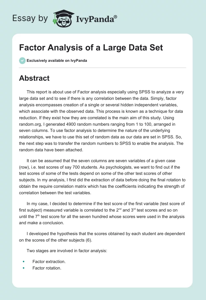 Factor Analysis of a Large Data Set. Page 1