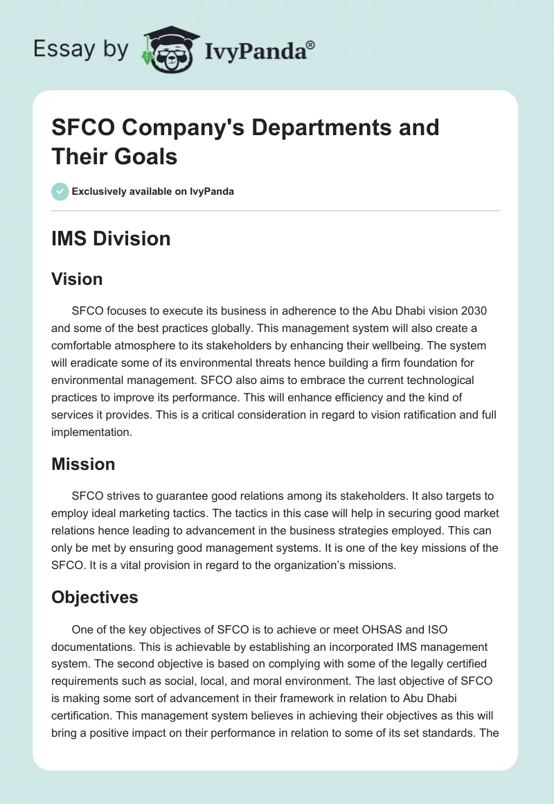 SFCO Company's Departments and Their Goals. Page 1