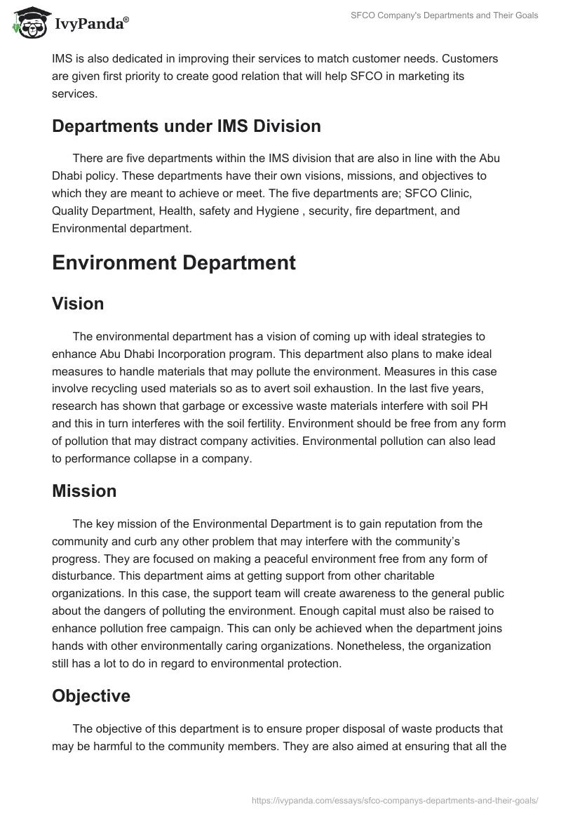 SFCO Company's Departments and Their Goals. Page 2