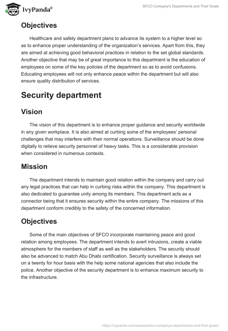 SFCO Company's Departments and Their Goals. Page 4