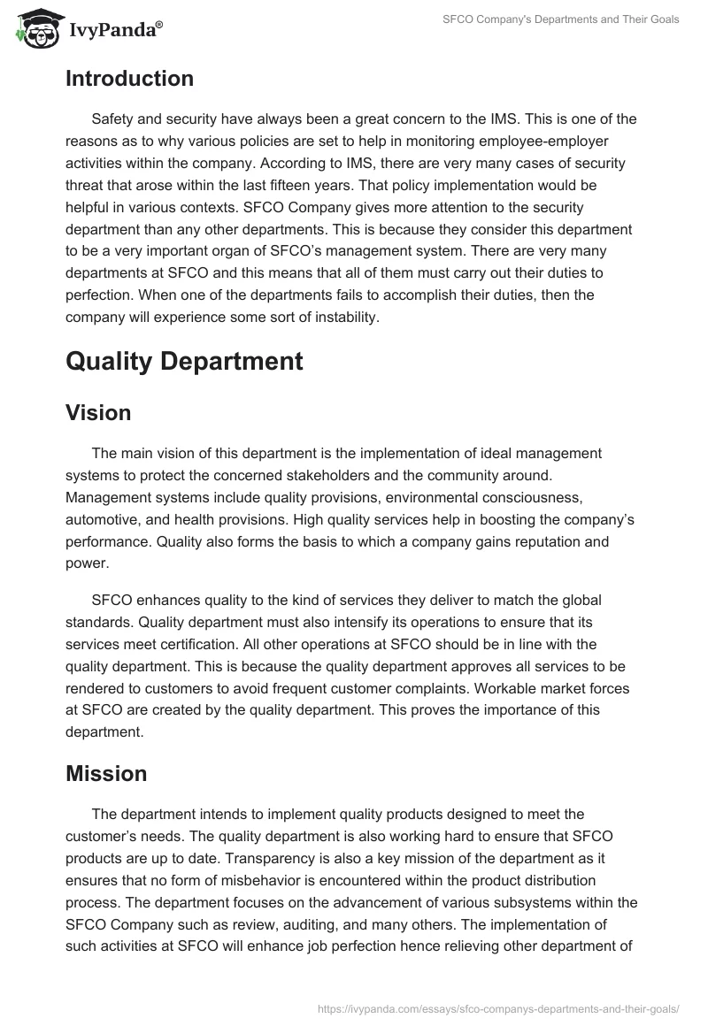SFCO Company's Departments and Their Goals. Page 5