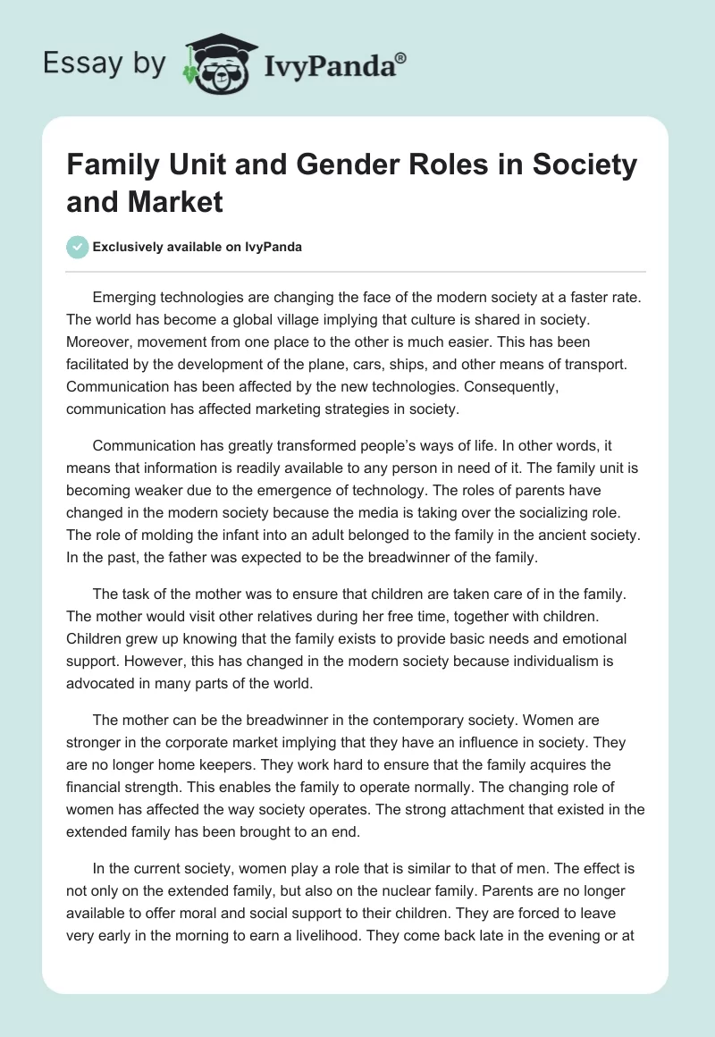 Family Unit and Gender Roles in Society and Market. Page 1