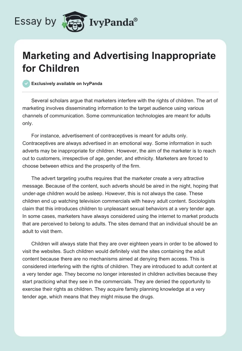 Marketing and Advertising Inappropriate for Children. Page 1