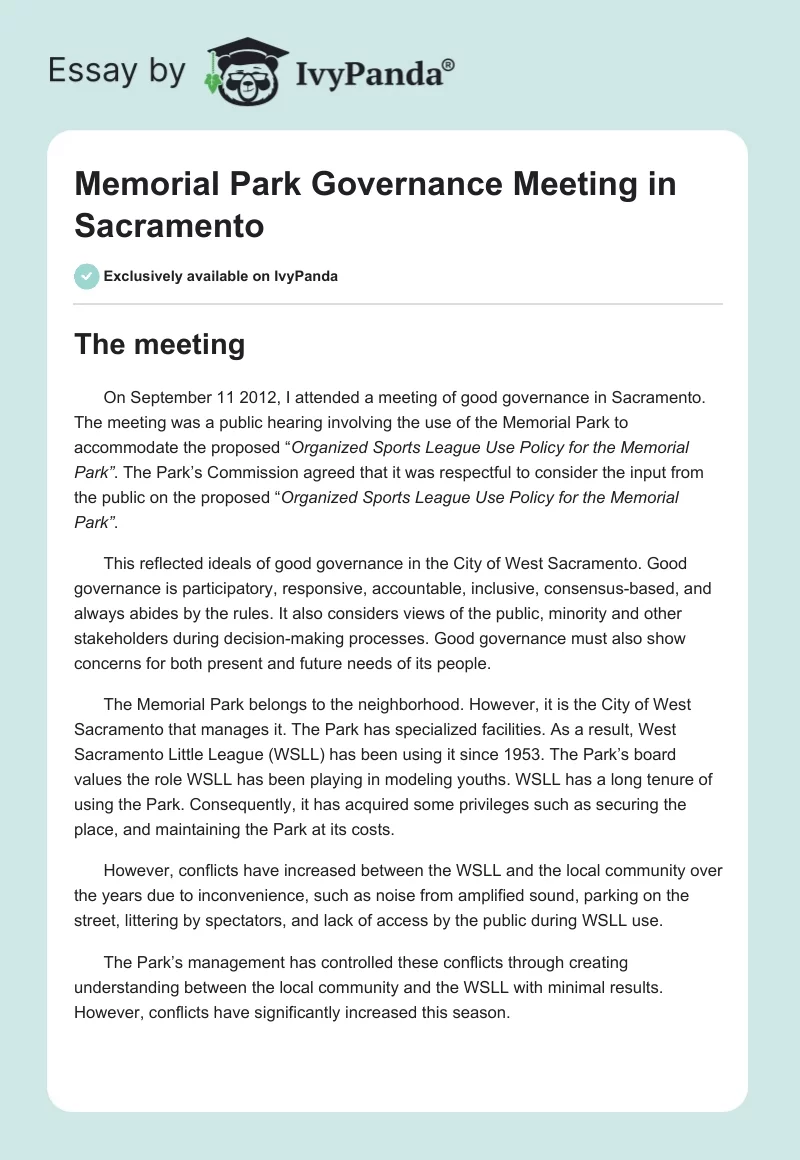 Memorial Park Governance Meeting in Sacramento. Page 1