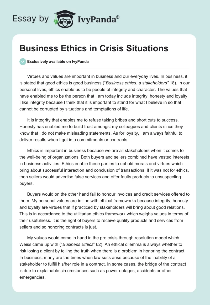 Business Ethics in Crisis Situations. Page 1
