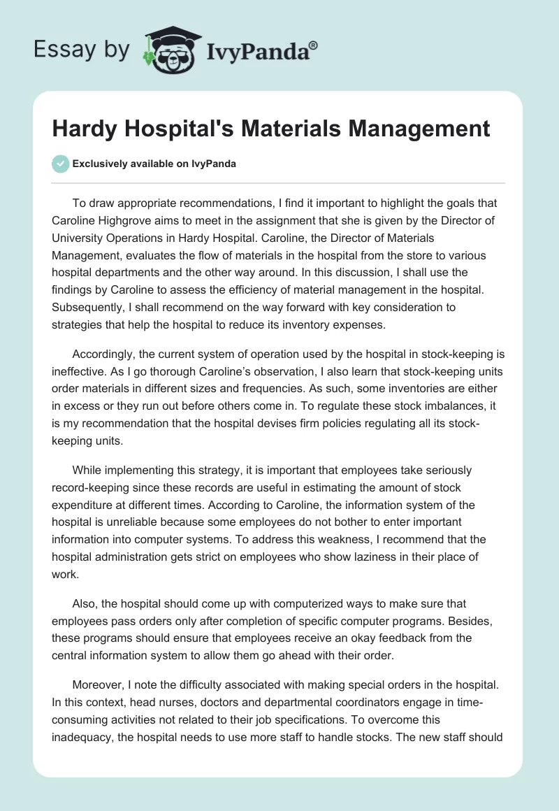 Hardy Hospital's Materials Management. Page 1