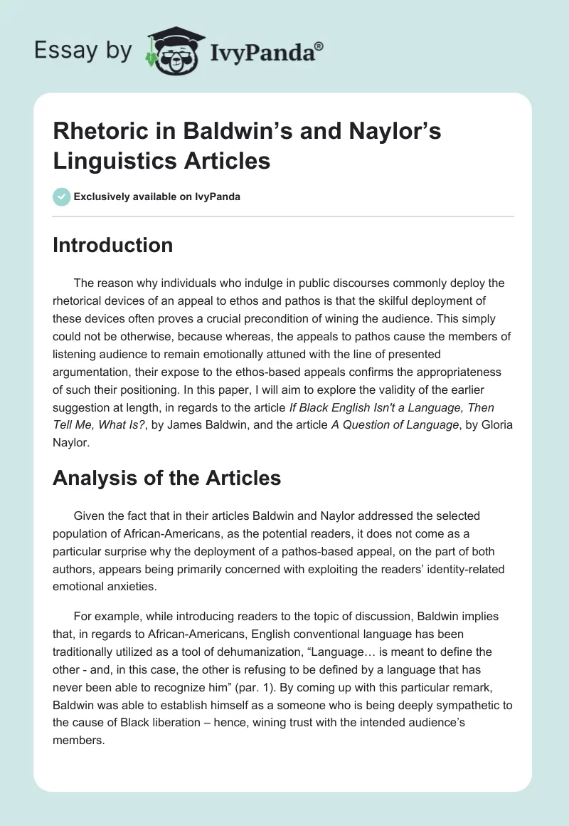 Rhetoric in Baldwin’s and Naylor’s Linguistics Articles. Page 1