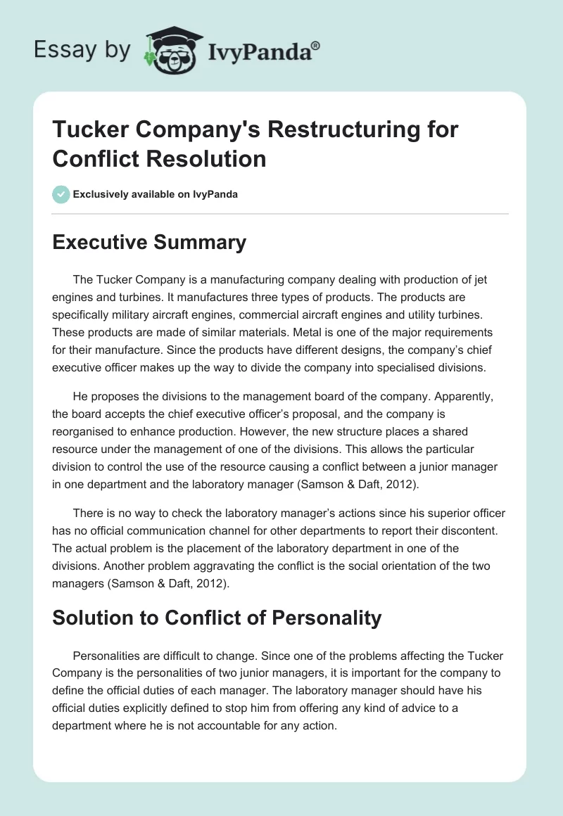 Tucker Company's Restructuring for Conflict Resolution. Page 1