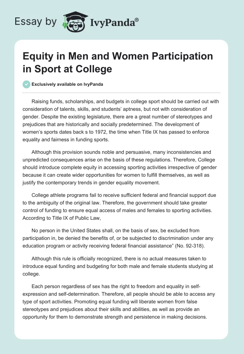 Equity in Men and Women Participation in Sport at College - 576 Words |  Essay Example