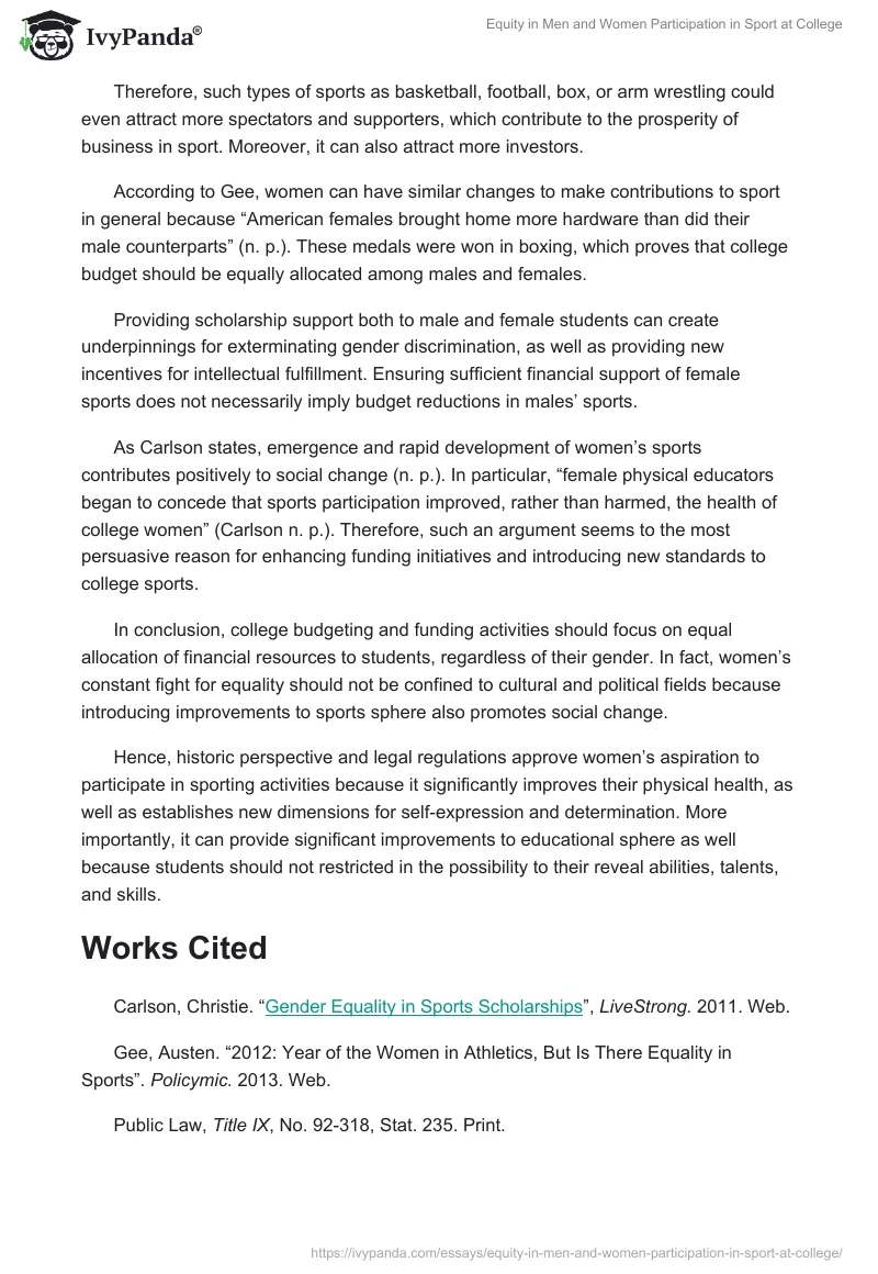 Equity in Men and Women Participation in Sport at College. Page 2