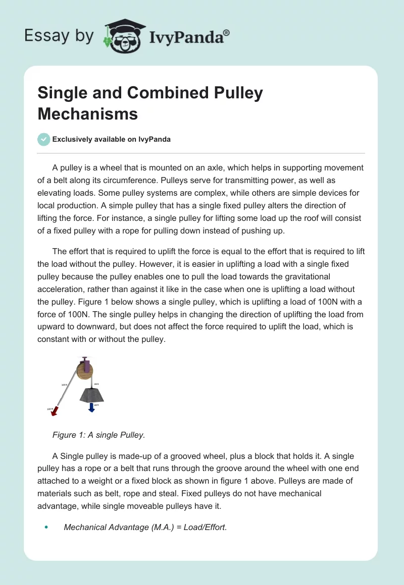 Single and Combined Pulley Mechanisms. Page 1