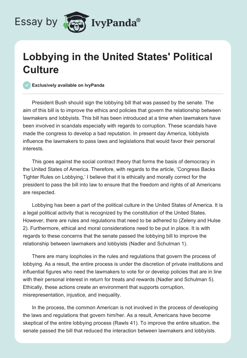 Lobbying in the United States' Political Culture. Page 1