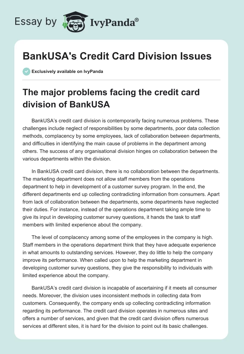 BankUSA's Credit Card Division Issues. Page 1