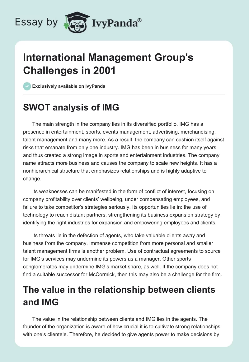 International Management Group's Challenges in 2001. Page 1