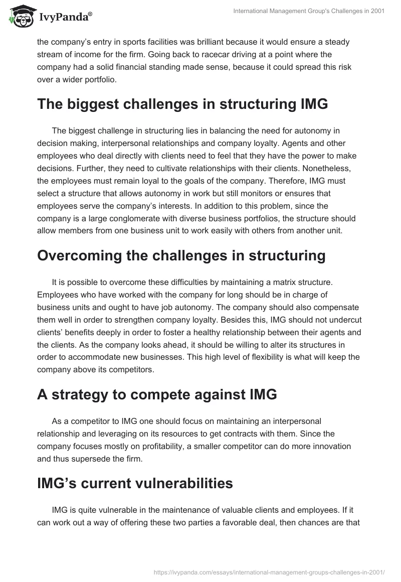 International Management Group's Challenges in 2001. Page 3