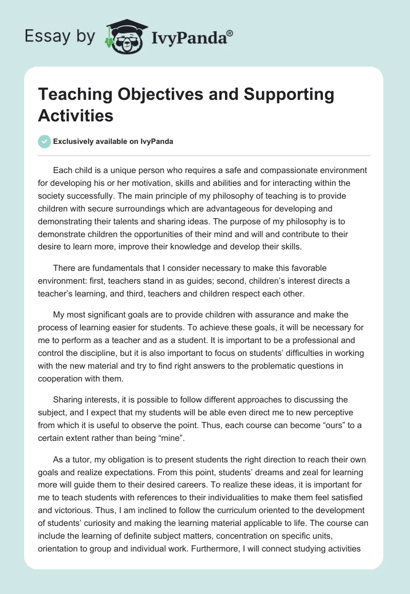 Teaching Objectives and Supporting Activities. Page 1