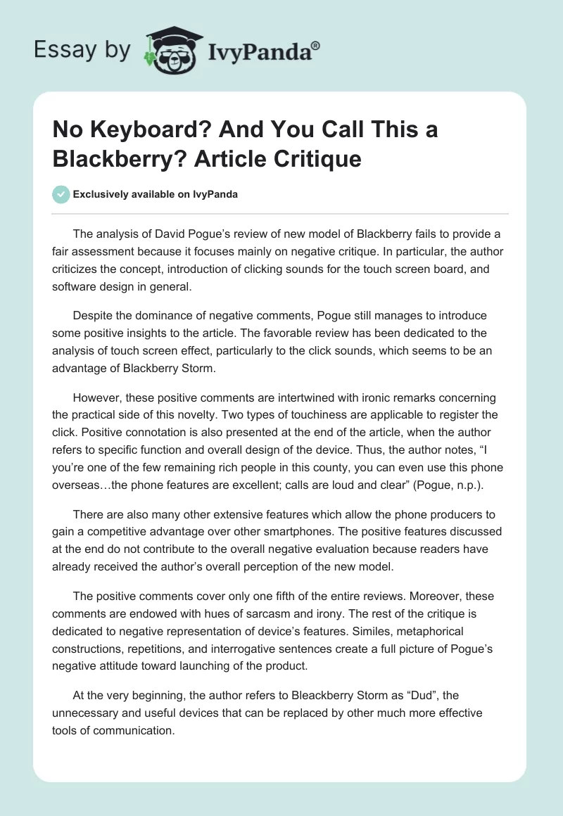 "No Keyboard? And You Call This a Blackberry?" Article Critique. Page 1